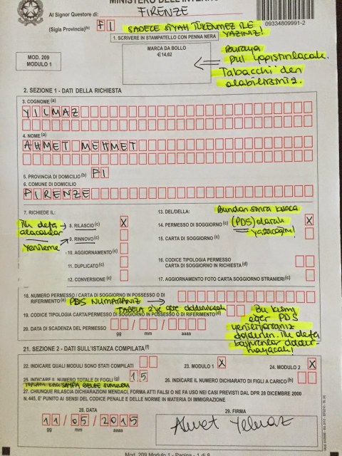 permesso di soggiorno başvuru formu modulo 1 sayfa 1