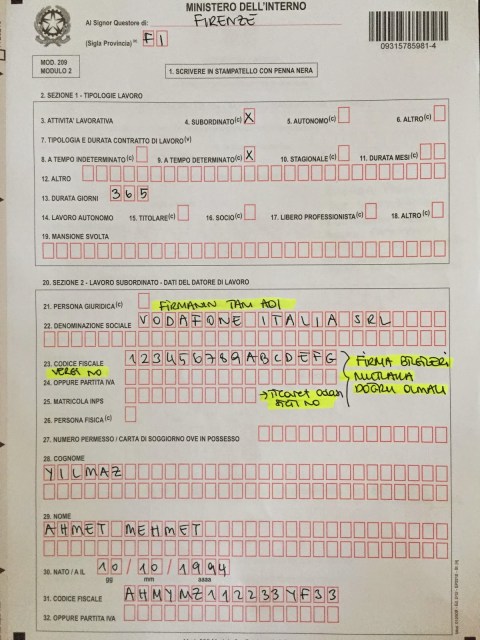 permesso di soggiorno başvuru formu modulo 2 sayfa 1