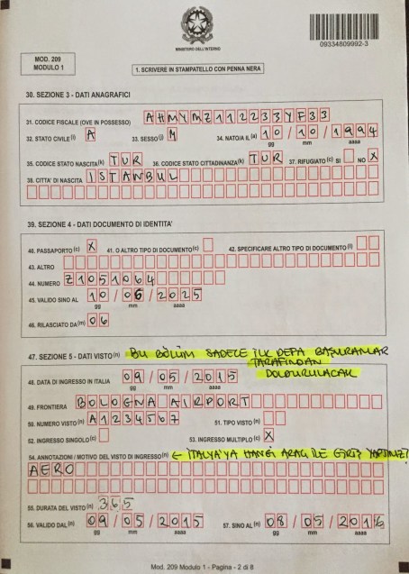permesso di soggiorno başvuru formu modulo 1 sayfa 2